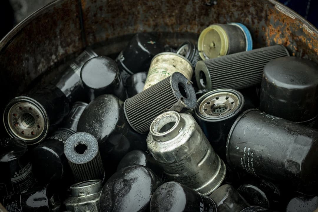 Used oil filters collected from a garage